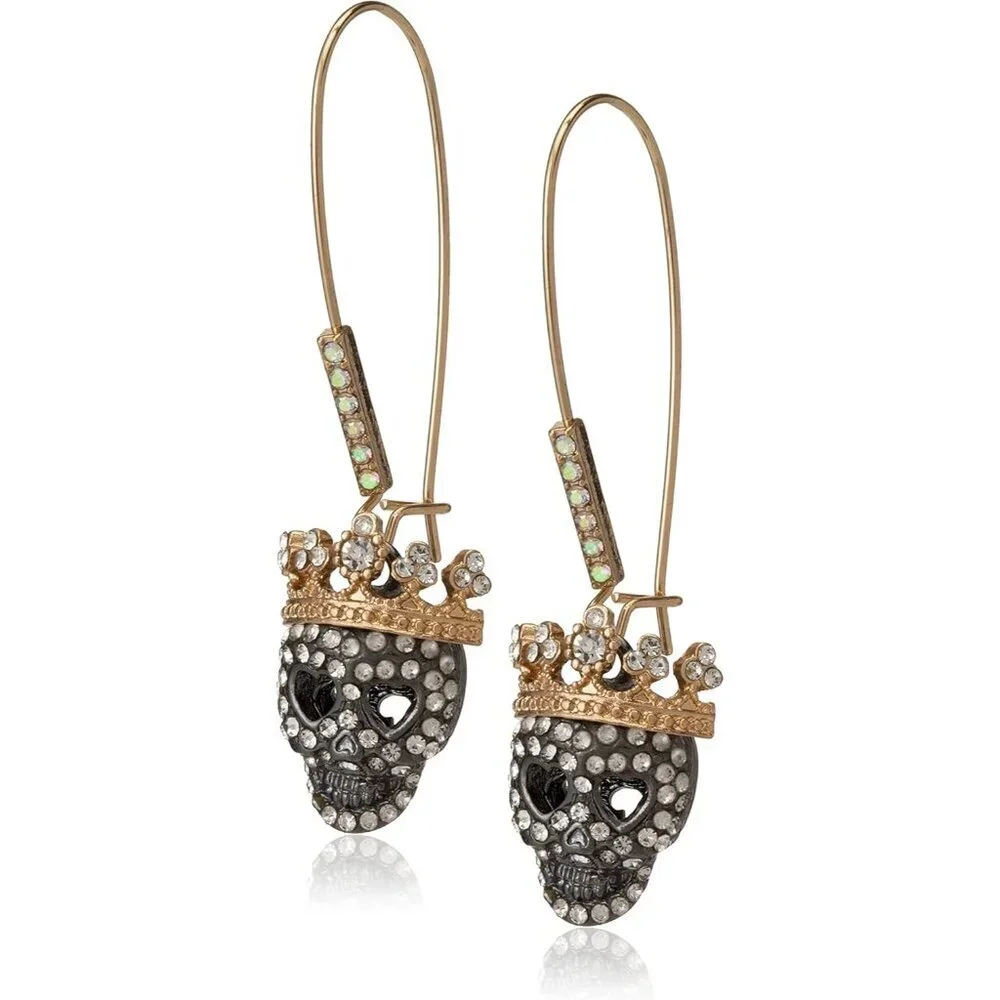 Women's Gold & Black Pave Skull Dangle Earrings Glass Metal 5 Inches Dangle